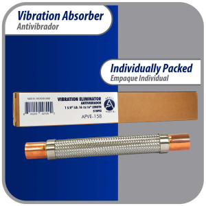 Appli Parts APVE-158 1-5/8 in Vibration Absorber Eliminator Sweat Connections 17 in Long 400 psi Max working and 3,265 psi Burst pressure Appli Parts APVE-158 1-5/8 in Vibration Absorber Eliminator Sweat Connections 17 in Long 400 psi Max working and 3,265 psi Burst pressure