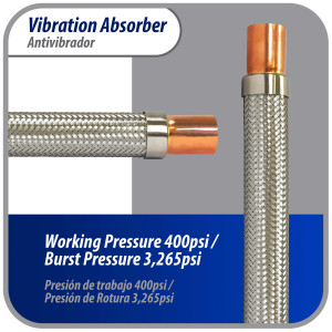 Appli Parts APVE-158 1-5/8 in Vibration Absorber Eliminator Sweat Connections 17 in Long 400 psi Max working and 3,265 psi Burst pressure Appli Parts APVE-158 1-5/8 in Vibration Absorber Eliminator Sweat Connections 17 in Long 400 psi Max working and 3,265 psi Burst pressure