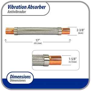 Appli Parts APVE-158 1-5/8 in Vibration Absorber Eliminator Sweat Connections 17 in Long 400 psi Max working and 3,265 psi Burst pressure Appli Parts APVE-158 1-5/8 in Vibration Absorber Eliminator Sweat Connections 17 in Long 400 psi Max working and 3,265 psi Burst pressure