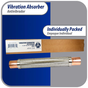 Appli Parts APVE-258 2-5/8 in Vibration Absorber Eliminator Sweat Connections 24 in Long 300 psi Max working and 3,265 psi Burst pressure Appli Parts APVE-258 2-5/8 in Vibration Absorber Eliminator Sweat Connections 24 in Long 300 psi Max working and 3,265 psi Burst pressure