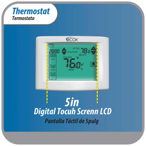Ecox 7 Day Programmable air conditioning thermostat digital for home or office Touch Screen 5in LCD Backlit display 1 stage, 1C/1H cooling and heating battery (2xAA not Included) or 24 Volt Operated  Ecox 7 Day Programmable air conditioning thermostat digital for home or office Touch Screen 5in LCD Backlit display 1 stage, 1C/1H cooling and heating battery (2xAA not Included) or 24 Volt Operated