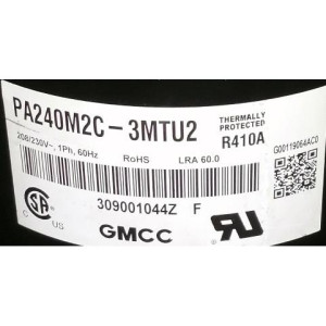 GMCC Compresor Rotativo velocidad fija 24.000Btu 208-230V/1Ph/60Hz Lra 60.0 R-410A PA240M2C-3MTU2 201400601300 11103010000567 GMCC Compresor Rotativo velocidad fija 24.000Btu 208-230V/1Ph/60Hz Lra 60.0 R-410A PA240M2C-3MTU2 201400601300 11103010000567