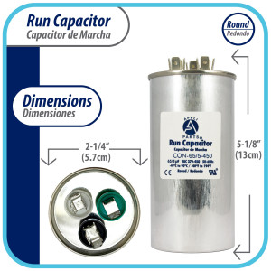 Appli Parts Condensador Capacitor de Marcha 65+5 Mfd uF (microfaradios) 370VAC o 450VAC CBB65 Universal Aire acondicionado y aplicaciones Redondo UL E476928 13cm Alto 5.7cm Ancho CON-65/5-450 Appli Parts Condensador Capacitor de Marcha 65+5 Mfd uF (microfaradios) 370VAC o 450VAC CBB65 Universal Aire acondicionado y aplicaciones Redondo UL E476928 13cm Alto 5.7cm Ancho CON-65/5-450