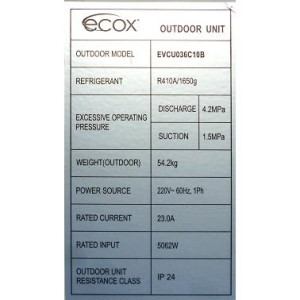 Unidad Cond. Descarga Vertical 36.000btu R410 230v/60hz/1ph Ecox Evcu036c10b Unidad Cond. Descarga Vertical 36.000btu R410 230v/60hz/1ph Ecox Evcu036c10b