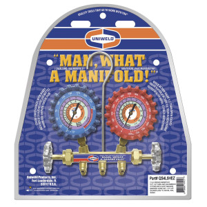Uniweld QS4L5HEZ 2 Valve Brass Manifold Qs4l3hez (R-410a/R-22/R-404a) Psi/ F Uniweld 5ft Soft Barrier Hoses W/ Ez Turn