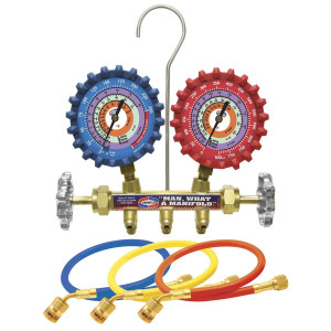 Uniweld QS4L3HEZ Juego Manometro Bronce 2 Valvulas Completo (R-410a/R-22/R-404a/ ) Psi/ F con Mangueras 3pies, Soft barrier EZ Turn