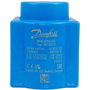 Danfoss 018F6732 Bobina para Solenoide 220-230 V, 60 Hz, 14 W,  50Hz, 17 W, IP67, BE230CS, Caja de Conexion, Sirve para Valvulas VDH y VDHT, identico 018F8732, 018F7919