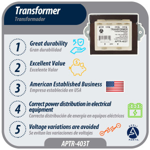 Appli Parts APTR-403T Transformador de 120, 208, 240 V a 24 V, 40 Va, 50/60 Hz, con Base Simple, conectores rapidos de 1/4 , Aislamiento Clase B, Transformador Clase 2
 Appli Parts APTR-403T Transformador de 120, 208, 240 V a 24 V, 40 Va, 50/60 Hz, con Base Simple, conectores rapidos de 1/4 , Aislamiento Clase B, Transformador Clase 2