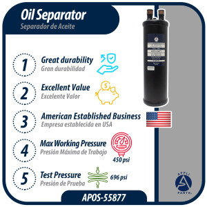 Appli Parts APOS-55877 Separador de Aceite 7/8 pulg ODF Soldable, CFC,HCFC,HFC,R22,R407C,R502,R134a,R404A,R507, Temperatura de trabajo desde -10 C a 130 C Appli Parts APOS-55877 Separador de Aceite 7/8 pulg ODF Soldable, CFC,HCFC,HFC,R22,R407C,R502,R134a,R404A,R507, Temperatura de trabajo desde -10 C a 130 C