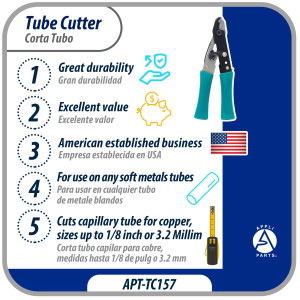 Appli Parts APT-TC157 Corta Tubo Capilar para Cobre, medidas hasta 1/8 de pulg o 3.2 Milim, para Profesionales y Bricolaje, sirve otros metales blandos Appli Parts APT-TC157 Corta Tubo Capilar para Cobre, medidas hasta 1/8 de pulg o 3.2 Milim, para Profesionales y Bricolaje, sirve otros metales blandos